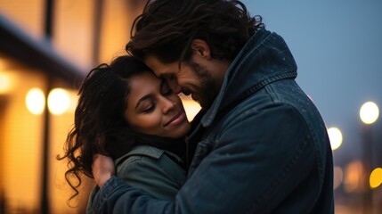 Fototapeta premium A tender moment between a loving couple as they share a close embrace. Their expressions radiate warmth, happiness, and a profound bond that is palpable. Generative AI