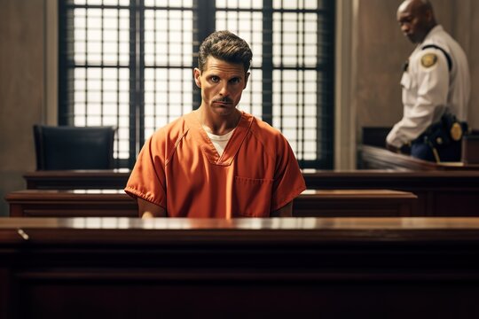 Portrait of a prisoner in orange clothes speaking in court.