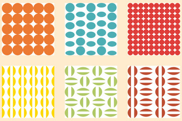 Swiss design aesthetic seamless pattern collection. Abstract round shapes print set for tee, paper, textile and fabric. Brutal vector illustration.