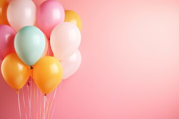 Colorful balloons bunch tied on a pink wall background
