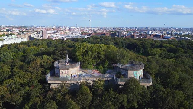 Majestic aerial view flight drone. Bunker Berlin Mitte Flak Tower Humboldthain