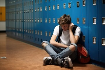 Bullying at school. A teenager is bullied at school by his peers.