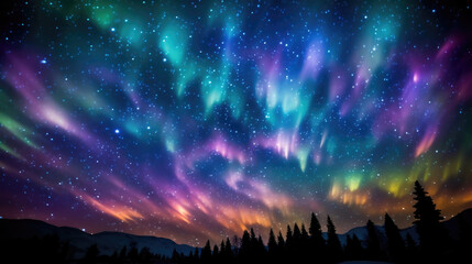 A stunning view of the night sky showcases the Northern Lights ling above wispy clouds. The lightshow is a tapestry of captivating colors with transparent shades of tangerine and jade illuminating the