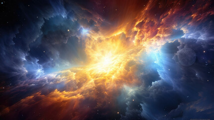 A stunning mix of blue and yellow clouds radiating outward from a center of pure white light the remnants of a longpast stellar explosion. Deep blue nebulae sparkle against a yellow background while