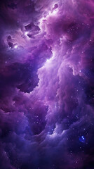 A grandiose panoramic view of an alternate universe in which a nebula of vibrant purple clouds drift gently between galaxies as if suspended in an alternate realm. Abundant streaks of light twist and - obrazy, fototapety, plakaty