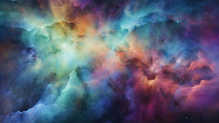 Obraz na płótnie Canvas Dynamic shades of blues and greens form the canvas of this stunning nebula punctuated by shades of purples and pinks. Bright stars dot the image and cast an ethereal light on the dark clouds of gas
