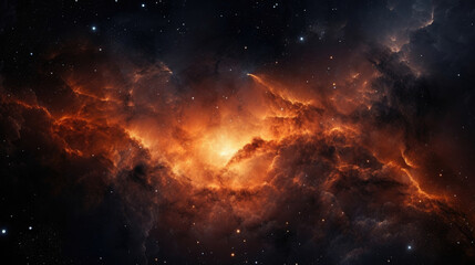 This  presents a breathtaking interstellar landscape with a dark starfilled sky framed against orange nebulae from production of star formation. The fers a unique combination of color and