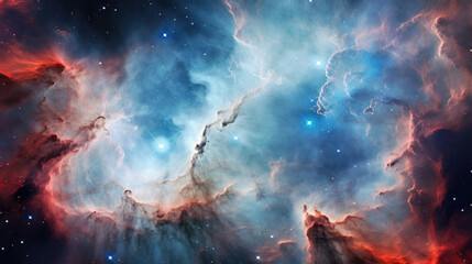 A breathtaking  a huge star forming nebula with great billowing clouds that stretch for hundreds of light years in all directions. Bright blue and red hues dominate the scene giving way to the
