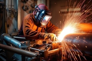 A male welder makes welding of metal parts.