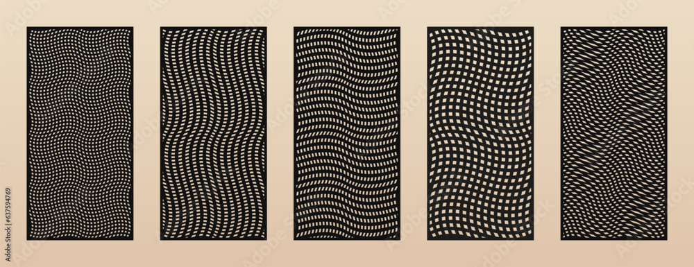 Poster Set of laser cut panels. Vector abstract geometric patterns with distorted grid, wavy lines, optical illusion effect. Decorative stencil for laser, CNC cutting of wood, metal, paper. Aspect ratio 1:2