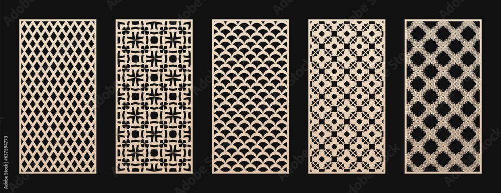 Poster Decorative panels for CNC, laser cutting. Vector set of elegant oriental patterns with abstract geometric grid, mesh, floral lattice. Laser cut templates for wood, metal, plastic. Aspect ratio 1:2