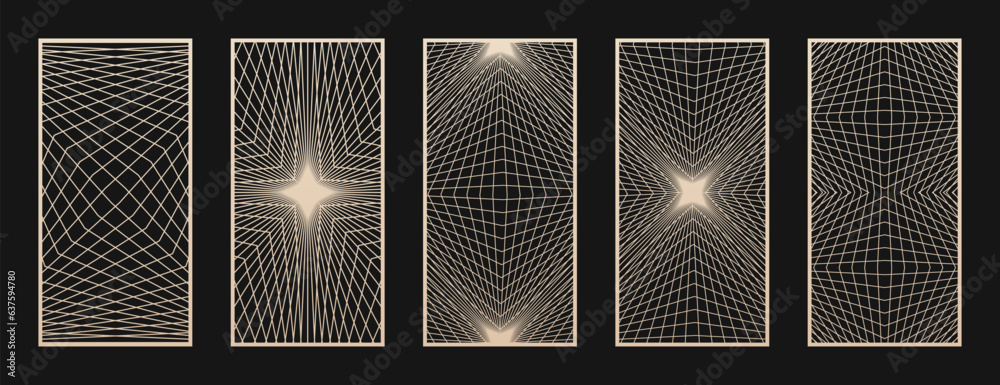 Aufkleber Collection of modern laser cut panels. Abstract geometric patterns with thin line cube grid, optical illusion effect. Decorative stencil for laser cutting of wood, metal, acrylic. Aspect ratio 1:2