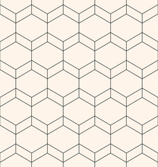 Vector minimalist seamless pattern. Simple abstract monochrome background with thin lines, hexagonal grid, net, mesh, lattice. Minimal black and white texture. Modern graphic pattern. Repeat design