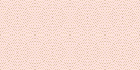 Vector minimalist geometric texture. Subtle golden seamless pattern with linear diamonds, rhombuses, thin lines. Abstract pink and gold minimal ornament. Art deco style. Elegant background design