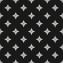 Simple vector floral seamless pattern. Abstract monochrome geometric ornamental texture with small flower silhouettes. Black and white simple ornament in oriental style. Dark repeat geo background