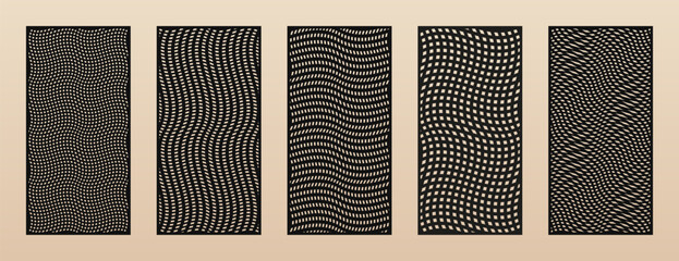 Set of laser cut panels. Vector abstract geometric patterns with distorted grid, wavy lines, optical illusion effect. Decorative stencil for laser, CNC cutting of wood, metal, paper. Aspect ratio 1:2
