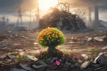 Plants and flowers blooming amidst destruction, dirt and chaos caused by man. Future of humanity - obrazy, fototapety, plakaty