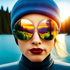 Woman outdoors in mirrored sunglasses with scenic reflections. Wanderlust illustration.