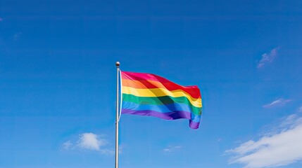 A minimalist composition featuring a pride flag gently waving in the wind against a clear blue sky.
