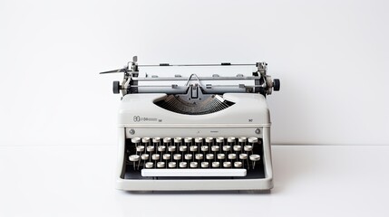A vintage typewriter sitting on a white background.