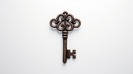 A vintage key gracefully suspended from a clean white background.