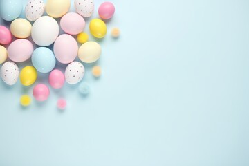 Easter party concept. Top view photo of easter bunny ears white pink blue and yellow eggs on isolated pastel blue background with copyspace in the middle | Generative AI