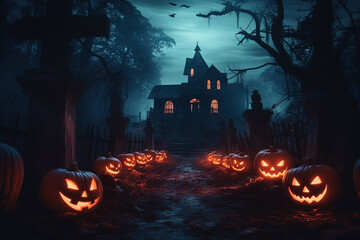 Pumpkins on scary house background Generative AI