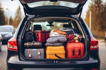 The trunk of a car full of suitcases and things. Travel by car. - obrazy, fototapety, plakaty