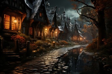 Halloween Horror Nitht: Spooky Costumes, Jack-o'-Lantern Pumpkins, Trick-or-Treat Candy Delights, Ghostly Haunted House, Witchy Fun, Vampire and Zombie Thrills, Skeletons and Spiders in Autumn Views