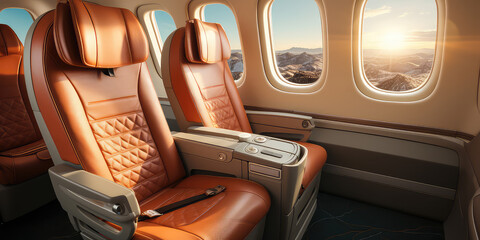 Empty Premium comfort First class orange seats, luxury armchairs in plane for travel.