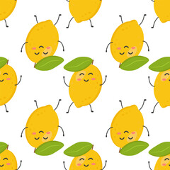 Seamless pattern of cute colorful yellow lemons. With green leaves. Banner, flyer, wallpaper, fabric design. Vector flat illustration.
