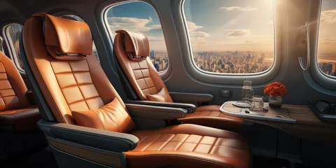  Empty Premium comfort First class orange seats, luxury armchairs in plane for travel. © SnowElf