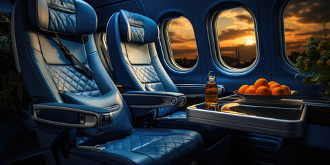 Fototapeta Empty Premium comfort First class blue seats, luxury armchairs in plane for travel. obraz