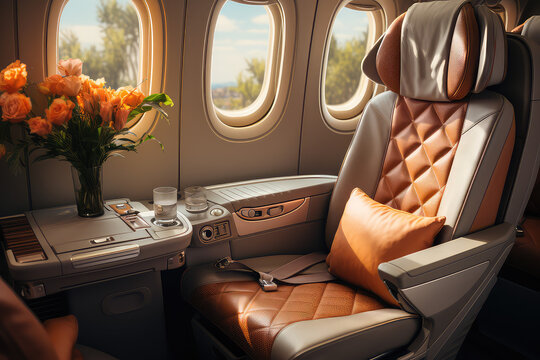 Empty Premium comfort First class orange seats, luxury armchairs in plane for travel.
