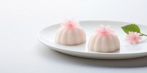 Traditional Japanese confection dessert wagashi on white plate, cute light pastel colors.