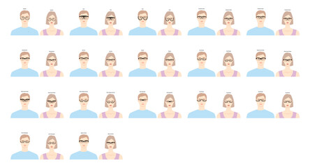 Set of Half Rim frame glasses on women and men flat character fashion accessory illustration. Sunglass front view silhouette style, flat rim spectacles eyeglasses, lens sketch style outline isolated