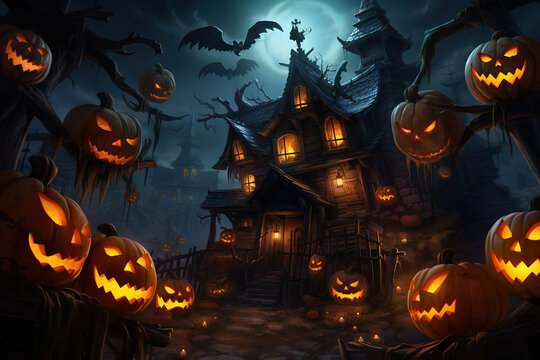 A haunted house and pumpkins halloween background Generative AI