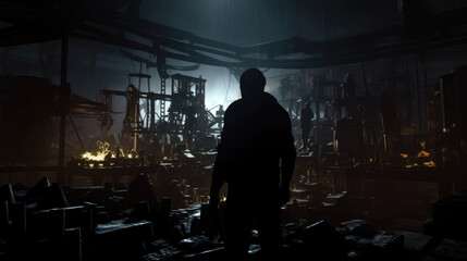 The silhouette of a machinist stands amidst a flurry of automation and activity a calm figure in the midst of chaos.