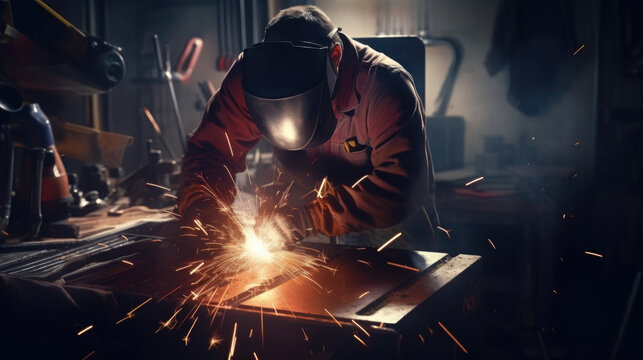 An overhead shot of a Metalworker hunched over his workbench tools spread out around him and bright sparks eminating from the welding machines.