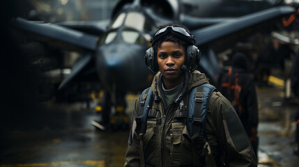 Fototapeta premium Female African American fighter pilot soldier stands outside her fighter jet - generative AI.