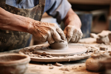 A focused Ceramics Worker pulls the different clays together with a pair of sculpting tools to form an intricate work of art.