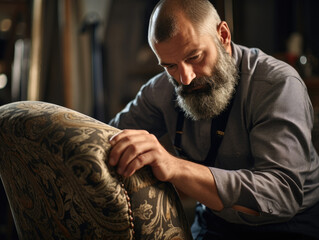 An upholsterer adorns a luxurious armchair with vintage patterned fabric his focused brow and intent eyes hinting at his passion and skill.