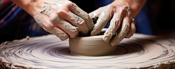 A pottery maker skillfully creates a piece of pottery on a wheel her hands expertly manipulating the clay to create a beautiful and unique masterpiece. - obrazy, fototapety, plakaty