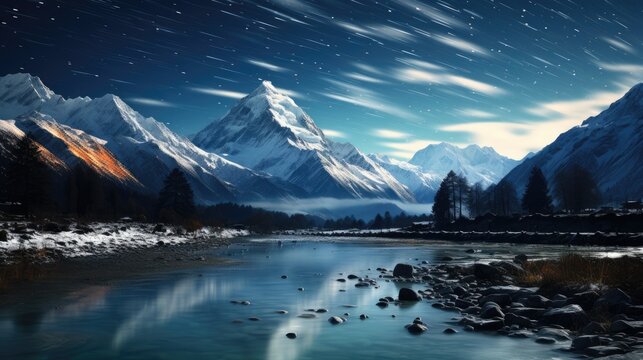 stunning starry sky and high snowy mountain scenery