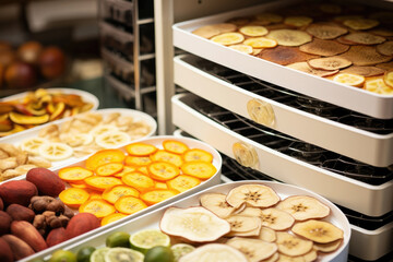 Close up of a food dehydrator with trays of food items being slowly dried and reduced in size. Heat is being released from the walls of the machine and a fan is blowing the heated air over the