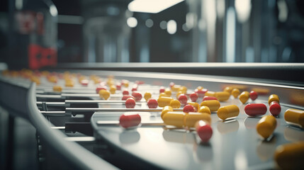 Fototapeta premium A close up shot of a robotic arm holding and dropping red and yellow pills into a container on a conveyor belt subtly taking the tablets away.