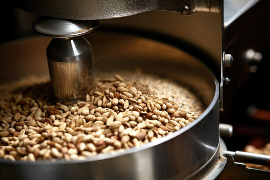 Close up of a metal grinder filled with various types of preprocessed grains. The grinder is rotating at a rapid speed and grinding the grains into a fine consistency.