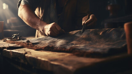 A leatherworker pounding a leather hide with a mallet to soften it.