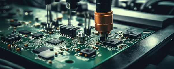 A closeup of various electronic components slowly being fed into a robotic arm so it can place them onto the circuit board.