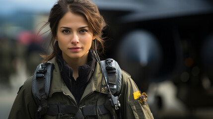 Fototapeta premium Mixed Race female fighter pilot soldier standing outside her military fighter jet - generative AI.